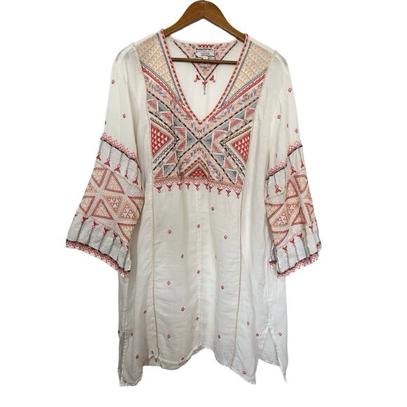 Johnny Was Thora Embroidered Ramie V Neck Tunic Top Size L White Boho Artsy - Picture 1 of 8